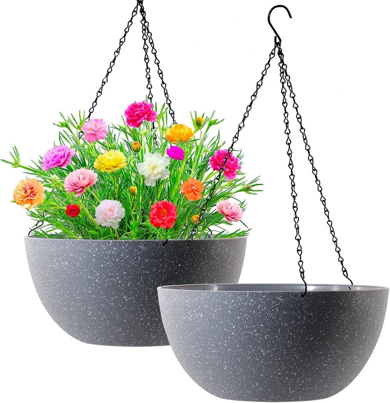WOUSIWER 13 inch 2 Pack Large Hanging Planters for Indoor Outdoor Plants with Drainage Holes and Chain, Round Hanging Flower Pots for Garden Home Porch Decor, Grey Speckles - Image 1
